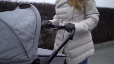 Bebek arabasında bir çocukla yürüyen genç bir anne. Sonbahar mevsimi