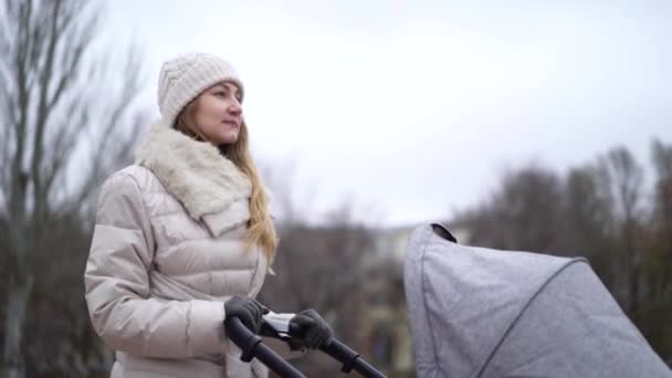 Ung mor går med ett barn i barnvagn. Höstsäsong — Stockvideo