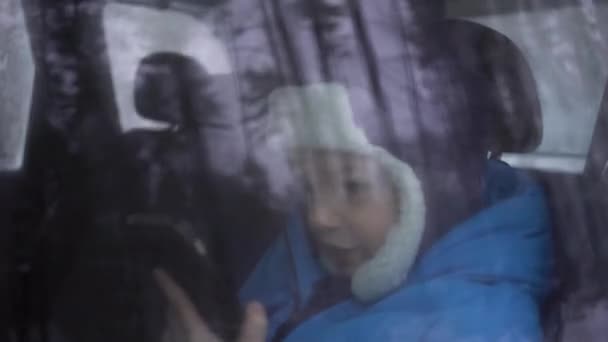 Little boy uses phone while traveling in car. — Stock Video