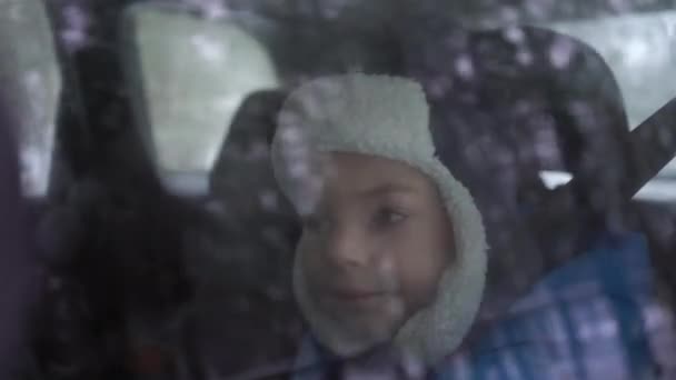 Garotinho cavalga no carro no banco de trás na floresta de inverno e olha pela janela — Vídeo de Stock