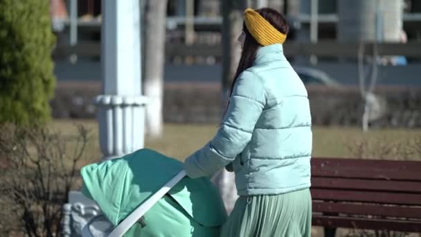 Woman walking through the park with a pram — Stock Video