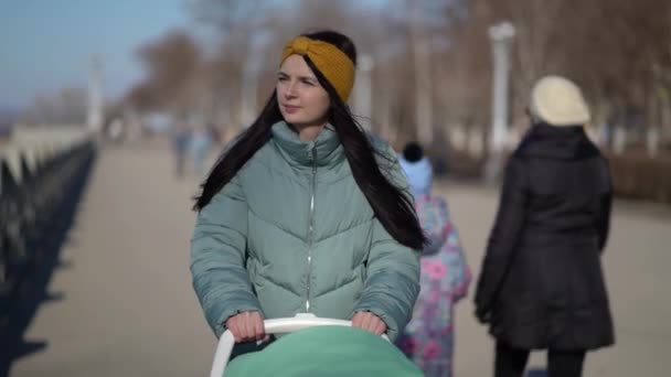 Vrouw die met een kinderwagen door het park loopt — Stockvideo