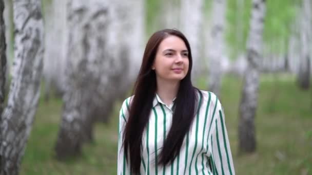 Menina caminha em um bosque de vidoeiro em um dia de primavera — Vídeo de Stock