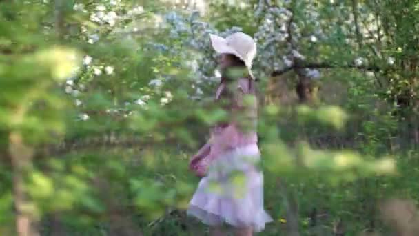 Krása mladá dívka těší jablko kvetoucí jarní sad. — Stock video