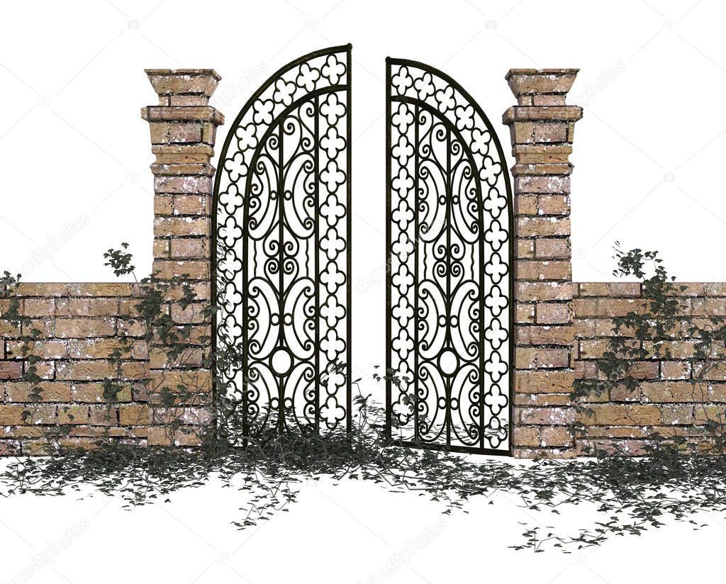 3D illustration of stone iron gate