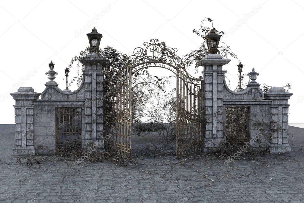 3D illustration of stone iron gate