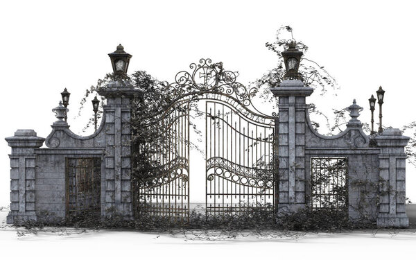3D иллюстрация каменных железных ворот
