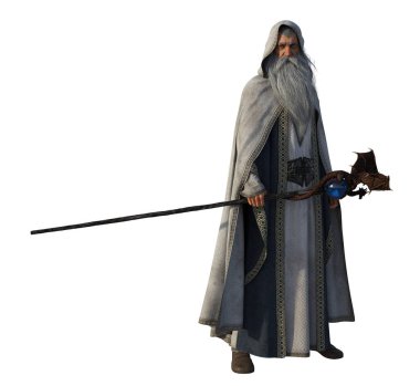 3d illustration white wizard with magic book and staff
