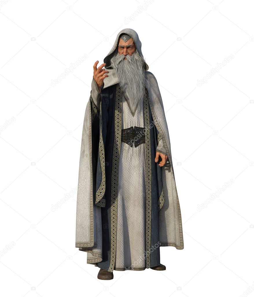 3d illustration white wizard with magic book and staff