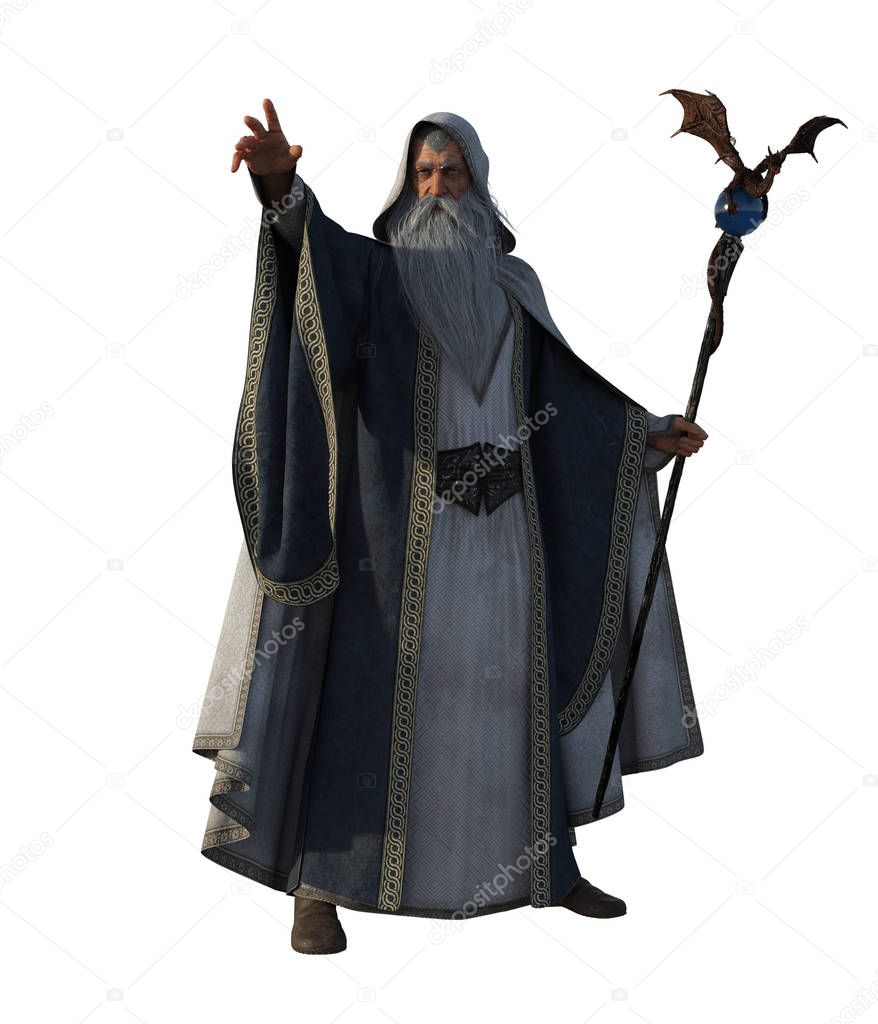 3d illustration white wizard with magic book and staff