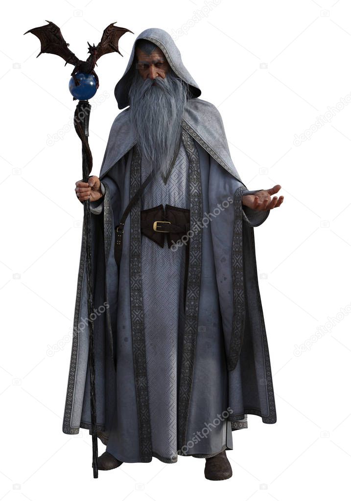 3d illustration white wizard with magic book and staff