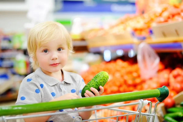 Menino sentado no carrinho de compras em uma loja de alimentos ou um supermercado — Fotografia de Stock