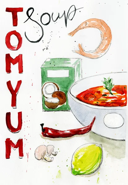 Illustrazione ad acquerello di ciotola di Tom Yum Minestra e ingredienti — Foto Stock