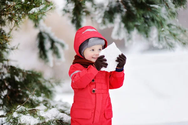 Portrait de petit garçon drôle en vêtements d'hiver rouge s'amuser avec un morceau de glace — Photo