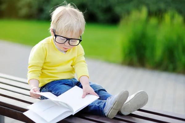 Roztomilé batole chlapec čtení knihy venku na teplý letní den — Stock fotografie