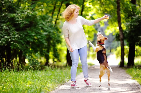 Jovem mulher bonita brincando com cão Beagle — Fotografia de Stock