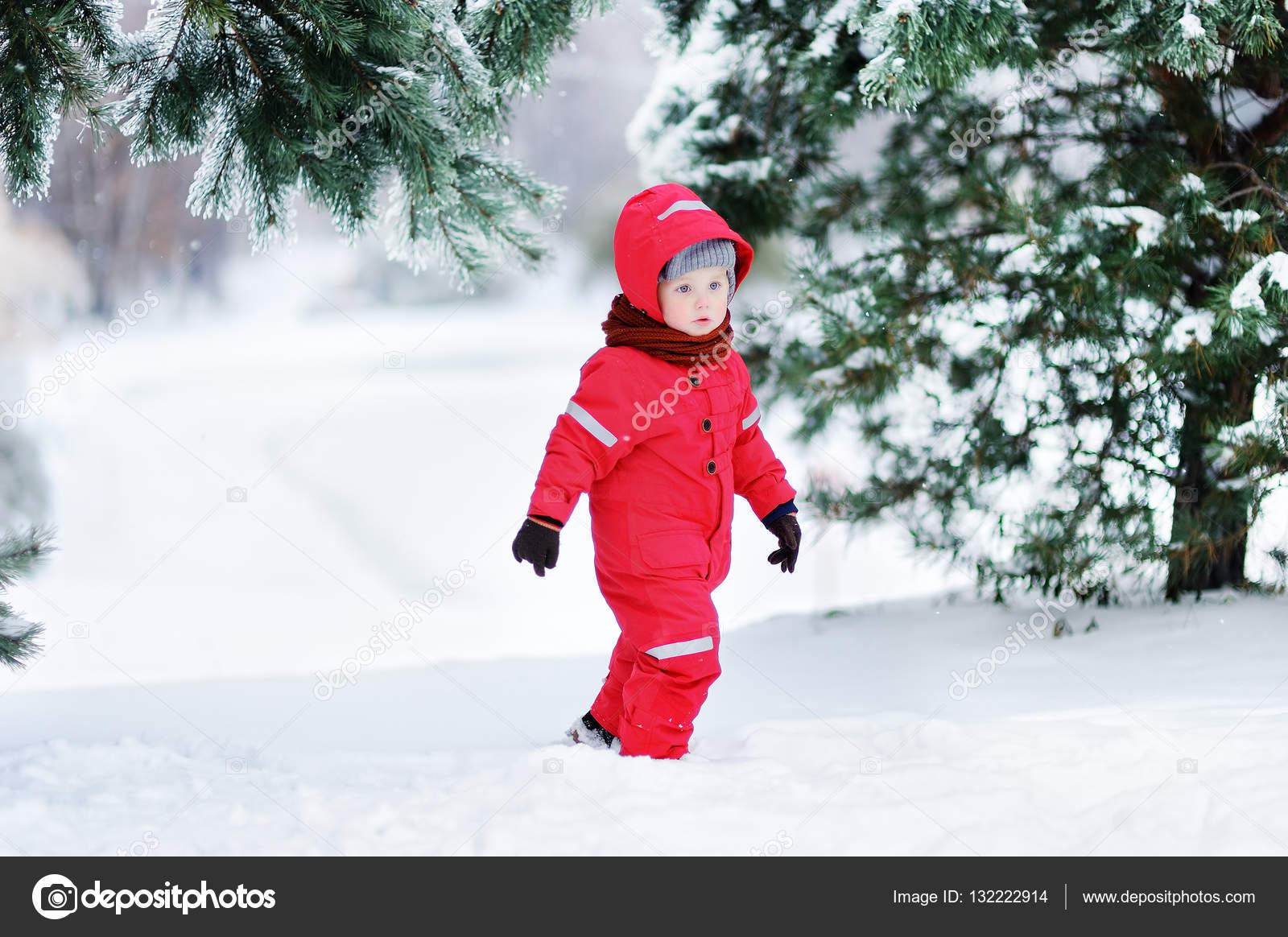 Cute little boy in red winter clothes having fun with snow Stock Photo by  ©mary_smn 132222914