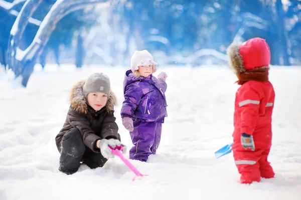 Mijn lieve kinderen in winterkleren plezier in het park op de besneeuwde winterdag — Stockfoto