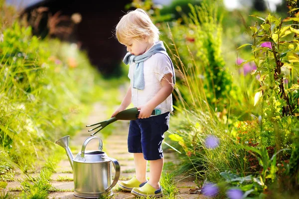 Anak kecil dengan alat kebun di taman domestik — Stok Foto