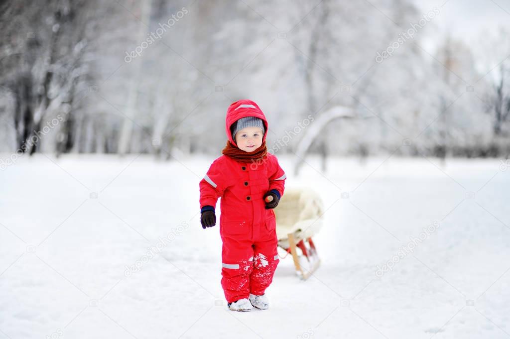 Toddler kid riding a sledge. Children play outdoors in snow.