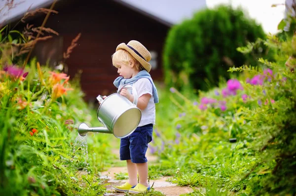Милий малюк хлопчик поливає рослини в саду влітку — стокове фото