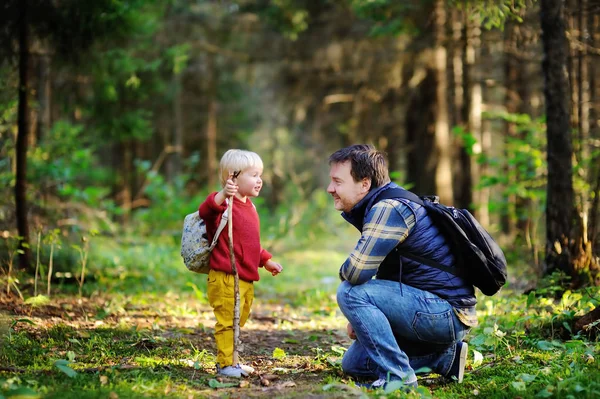 Pai e seu filho caminhando durante as atividades de caminhada na floresta — Fotografia de Stock