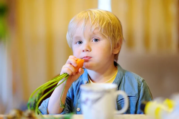 Cute little boy eating fresh organic carrot — Stock Photo, Image