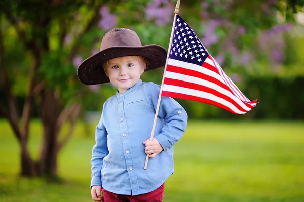 아름 다운 공원에서 미국 국기를 들고 귀여운 유아 소년 — 스톡 사진