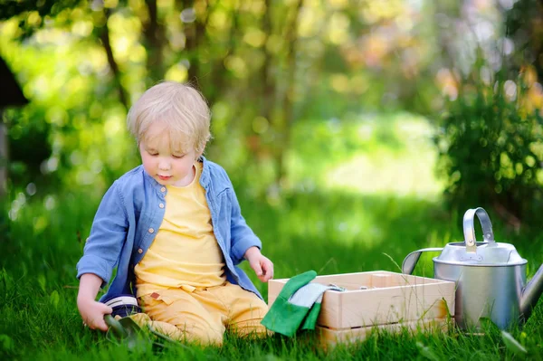 Lindo niño sosteniendo plántulas en macetas de plástico en el jardín doméstico en el día de verano — Foto de Stock