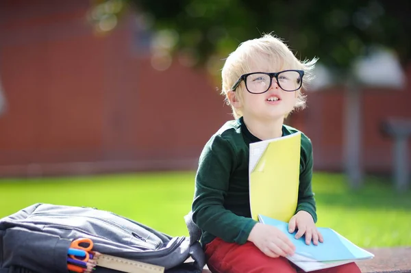 Joli petit écolier étudiant à l'extérieur le jour ensoleillé. Concept de retour à l'école . — Photo