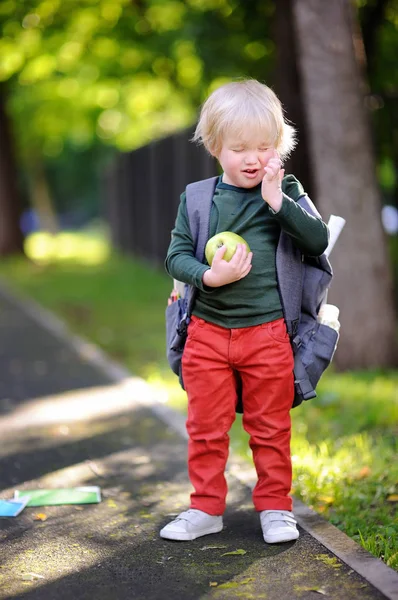 Unhappy little schoolboy on sunny autumn day. Back to school concept. — Stock Photo, Image