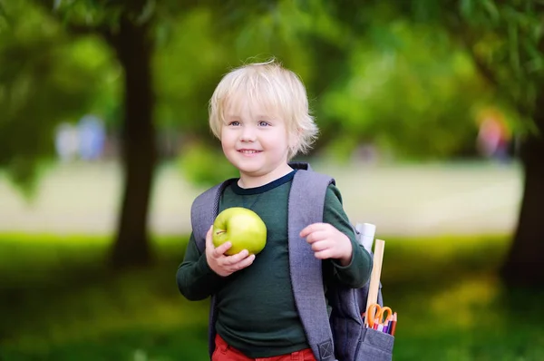 Joli petit écolier avec son sac à dos et sa pomme. Concept de retour à l'école . — Photo