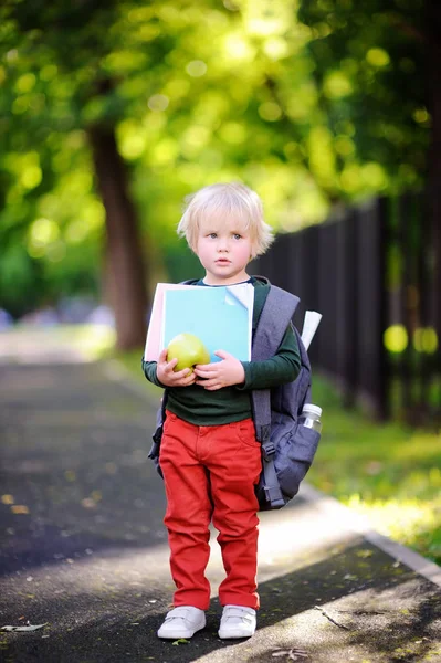 Piccolo scolaretto infelice nella soleggiata giornata autunnale. Concetto di ritorno a scuola . — Foto Stock