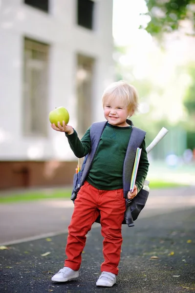 Cute little schoolboy with his backpack and apple. Back to school concept. — Stock Photo, Image