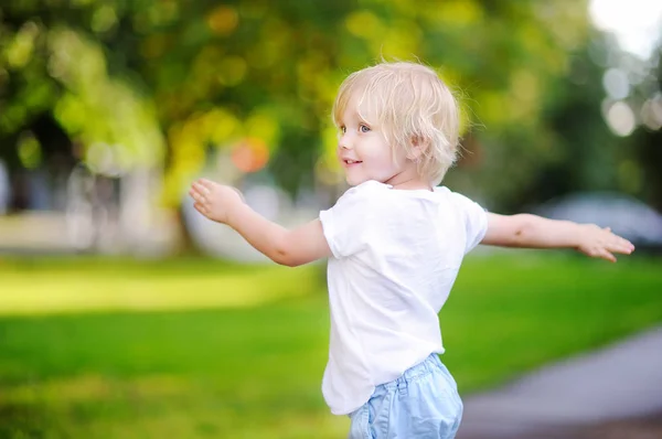 Carino piccolo ragazzo avendo divertente in soleggiato estate parco — Foto Stock