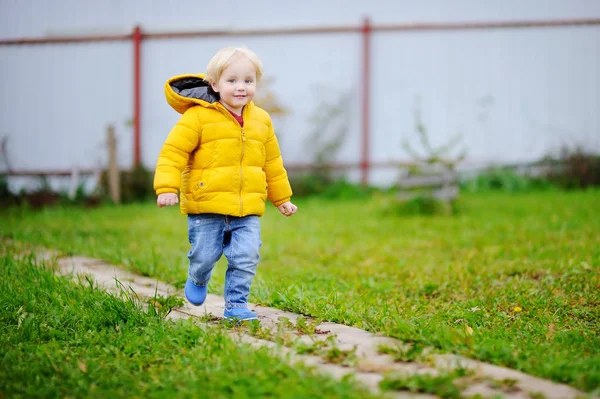 Милий хлопчик бігає і розважається в домашньому саду — стокове фото