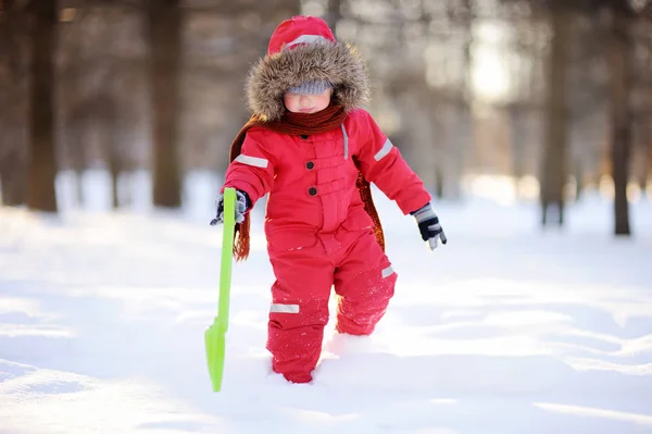Having oyunculuk ile taze kar kırmızı kış giysileri içinde küçük çocuk — Stok fotoğraf