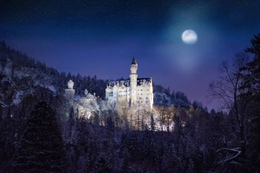 Muhteşem gece sahne royal castle Neuschwanstein ve çevresi Bavyera, Almanya (Deutschland)