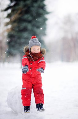 Kartopu ile eğleniyor kırmızı kış giysileri içinde küçük çocuk