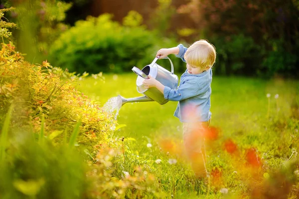 Lindo niño regando plantas en el jardín en verano día soleado —  Fotos de Stock