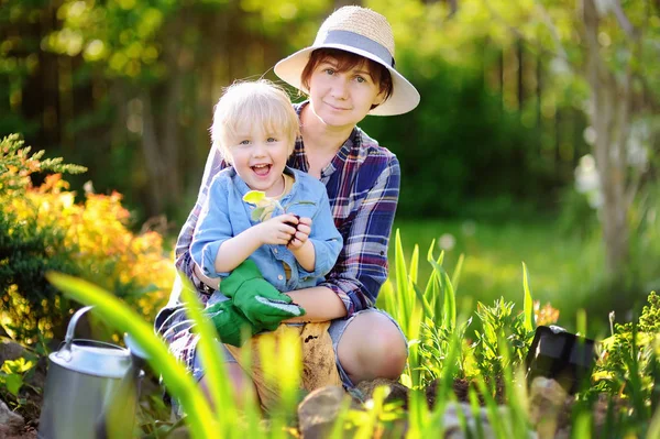 Wanita cantik dan anaknya yang lucu menanam bibit di tempat tidur di taman domestik pada hari musim panas — Stok Foto