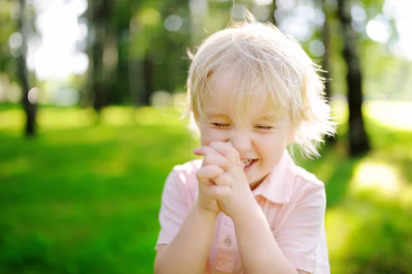 Roztomilý chlapec, směje se během procházky v létě sunny park — Stock fotografie