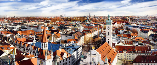 Munich center panoramic cityscape view with Old Town Hall and Heiliggeistkirche