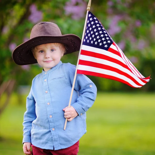 Mignon tout-petit garçon tenant drapeau américain dans un beau parc — Photo