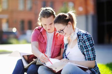 Kitaplar ve notlar açık havada olan genç mutlu öğrenciler