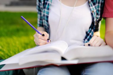 Kitaplar ve notlar açık havada olan genç mutlu öğrenciler