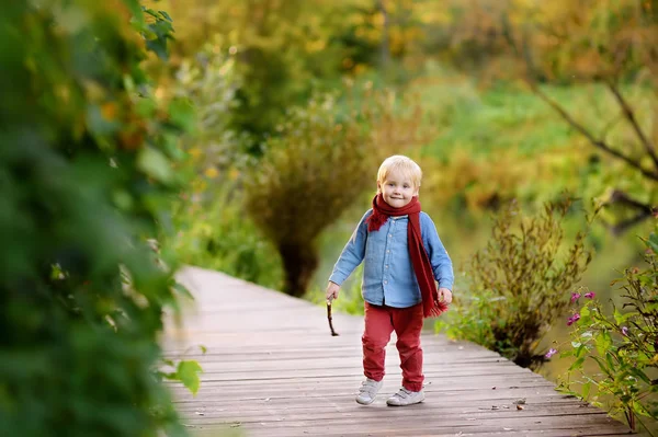 Маленький хлопчик грає під час прогулянки в лісі — стокове фото