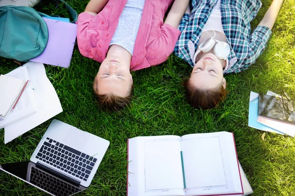 Jovens estudantes felizes com livros e notas ao ar livre — Fotografia de Stock