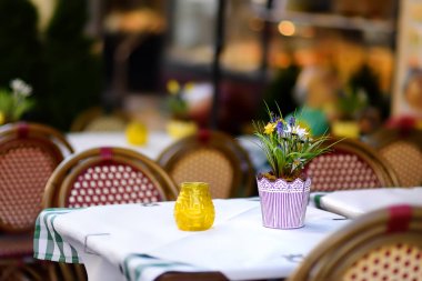 Tencerede doğal çiçekler ile güneşli bahar gününde açık kafe
