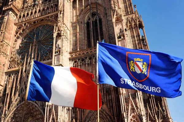 Bandera de Francia y Bandera de Estrasburgo con Catedral de Nuestra Señora (Notre Dame) en el fondo —  Fotos de Stock